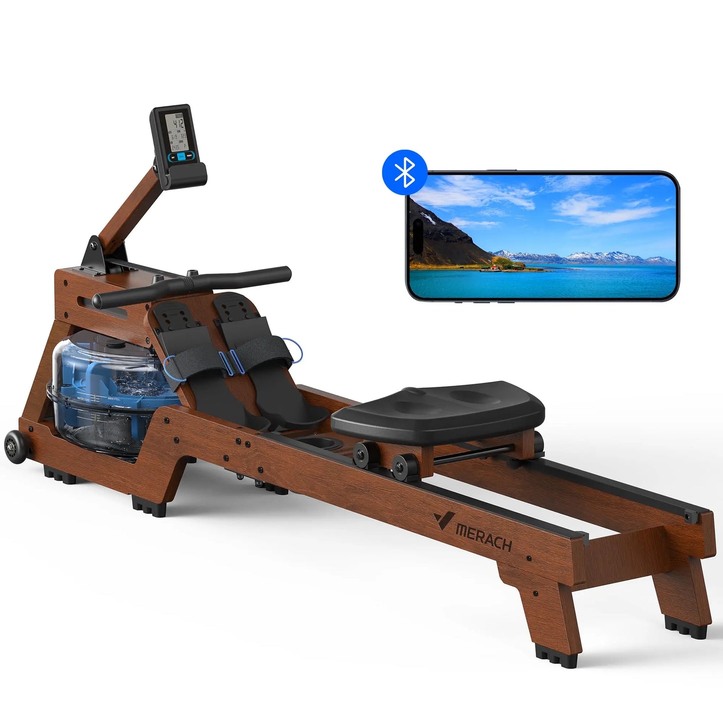 MERACH Water Rowing Machine Solid Wood Row with Bluetooth APP