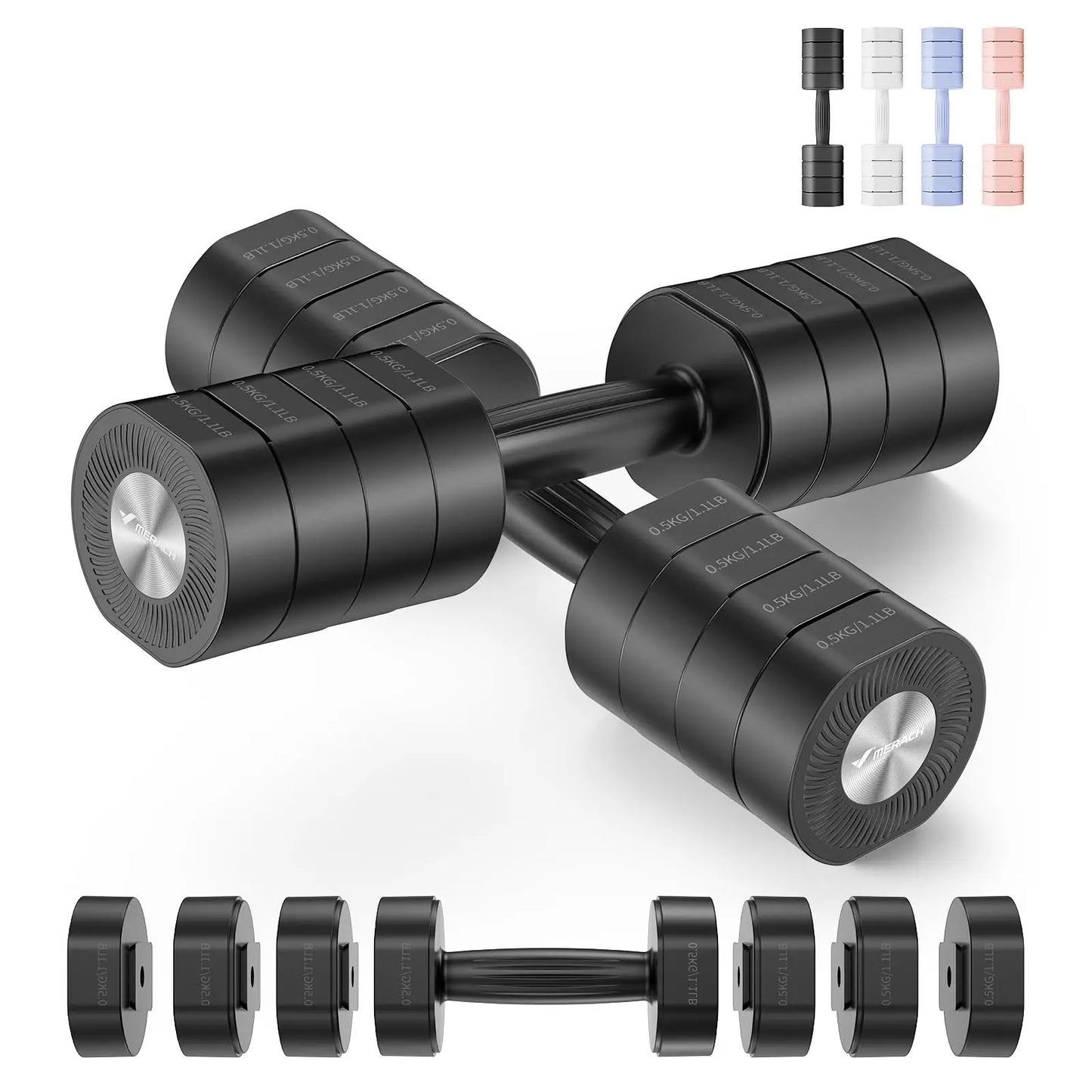 Merach Adjustable Dumbbell Set of 2 4 in 1 Hand Weights for Women Home Workout Free Weights Dumbbells Each 2.2lb 4.4lb 6.6lb 8.8lb