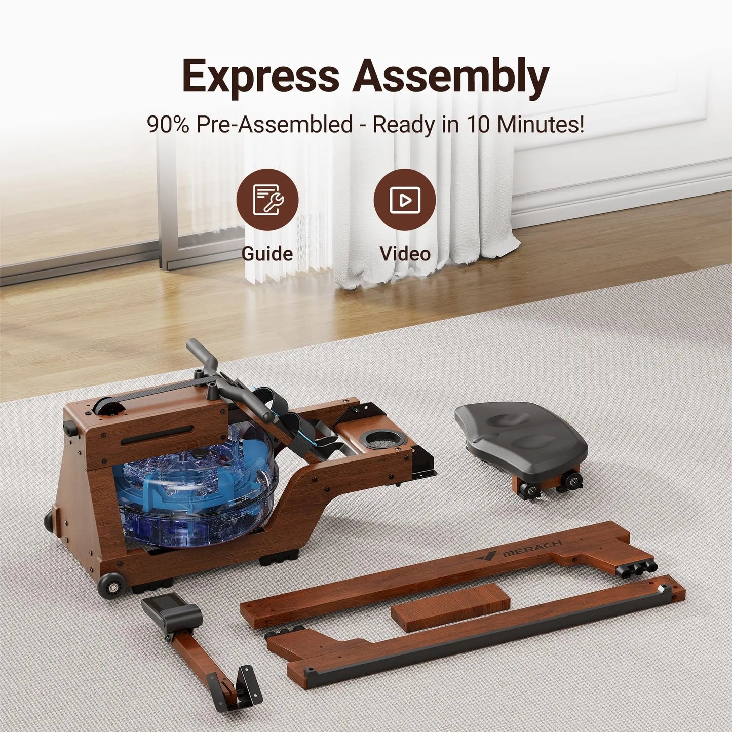 MERACH Water Rowing Machine Solid Wood Row with Bluetooth APP