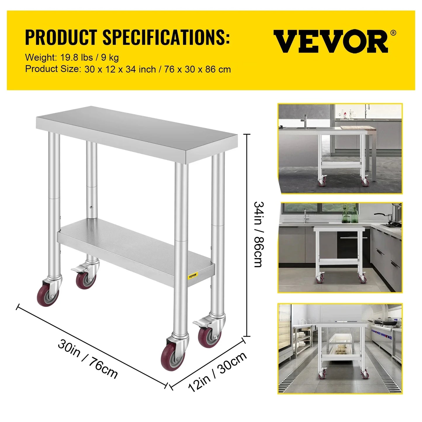 VEVOR Stainless Steel 700lbs Kitchen Worktable with 4Caster Wheels