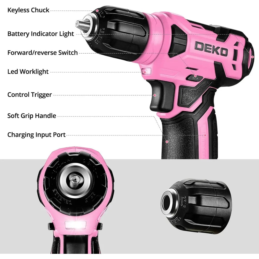 Drill Set: Tool Set with 8V Pink Cordless Drill, Home Tool Kit with Drill, Hand Tool Kits for Women 126 Piece