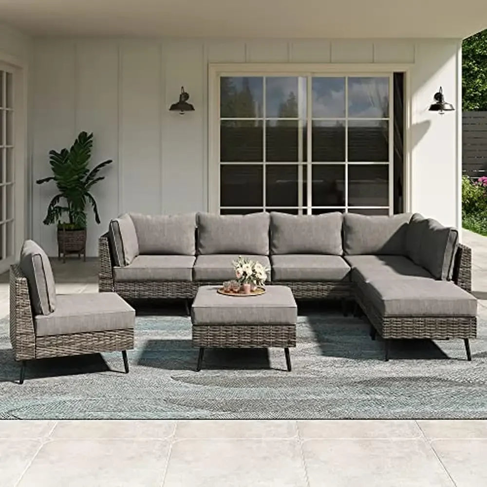 Modern Outdoor Patio Conversation Set 8 Piece Rattan Sectional Sofa Thick Cushions Garden Furniture