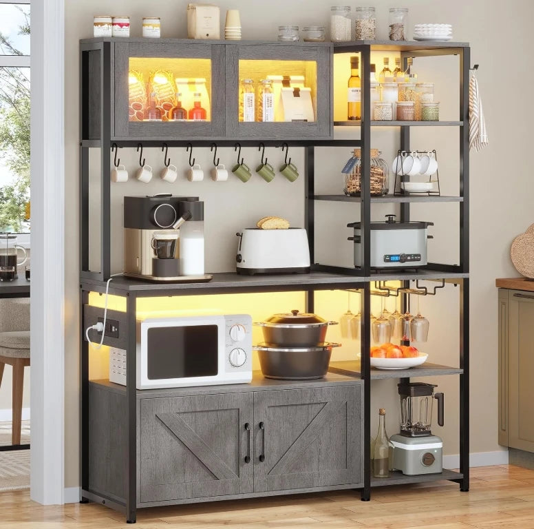 Itaar Bakers Rack with Power Outlet and LED Light 45.3 Inch Farmhouse Coffee Bar Cabinet