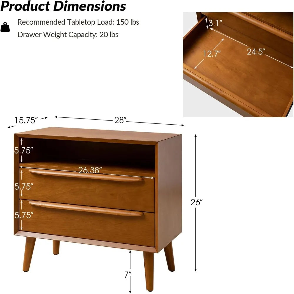Nightstand with Charging Station, Set of 2 Mid-Century 2 Drawer and Open Shelf Dresser for Bedroom, Fluted Bedside Table