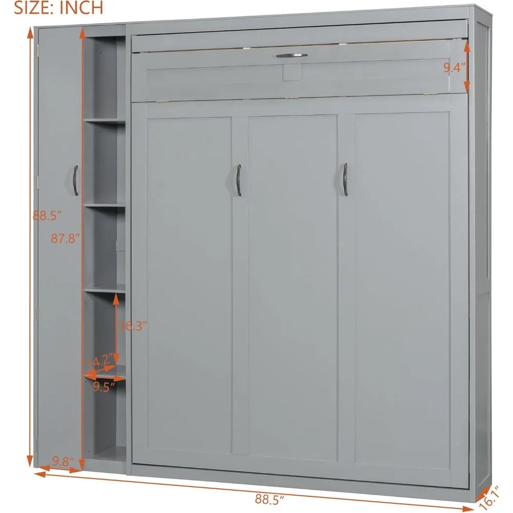 Queen Size Murphy Bed Wall Bed with Shelves Wardrobe and LED Lights Solid Wood Frame Easy to Assemble Minimalist Modern Design