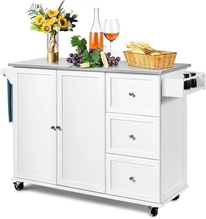 Kitchen Island with Stainless Steel Top, Rolling Kitchen Trolley Cart