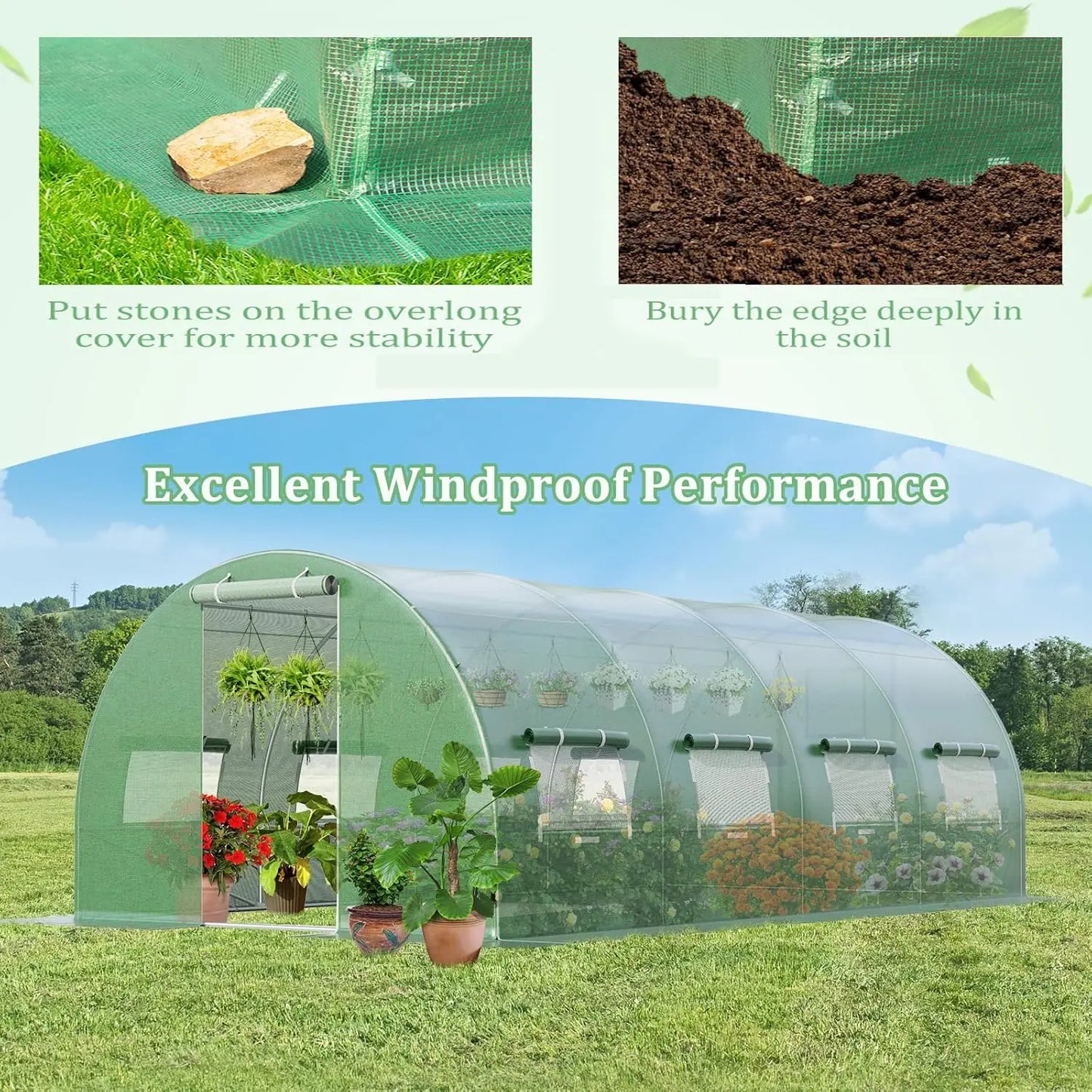20 x 10 x 6.5 FT Greenhouse for Outdoor, Walk-in Tunnel Greenhouse with 10 Roll-up Windows