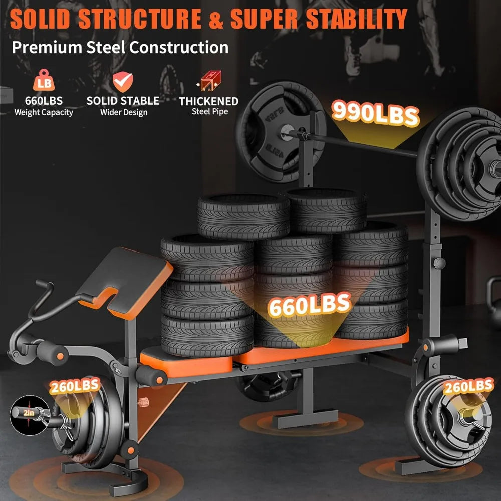 Adjustable Weight Bench, 6 in 1 Bench Press Set with Rack