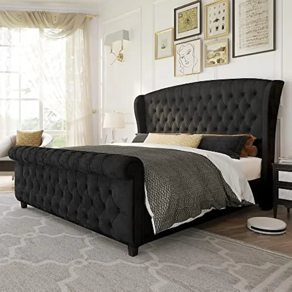 King Size Bed Frame, Chenille Upholstered Sleigh Beds