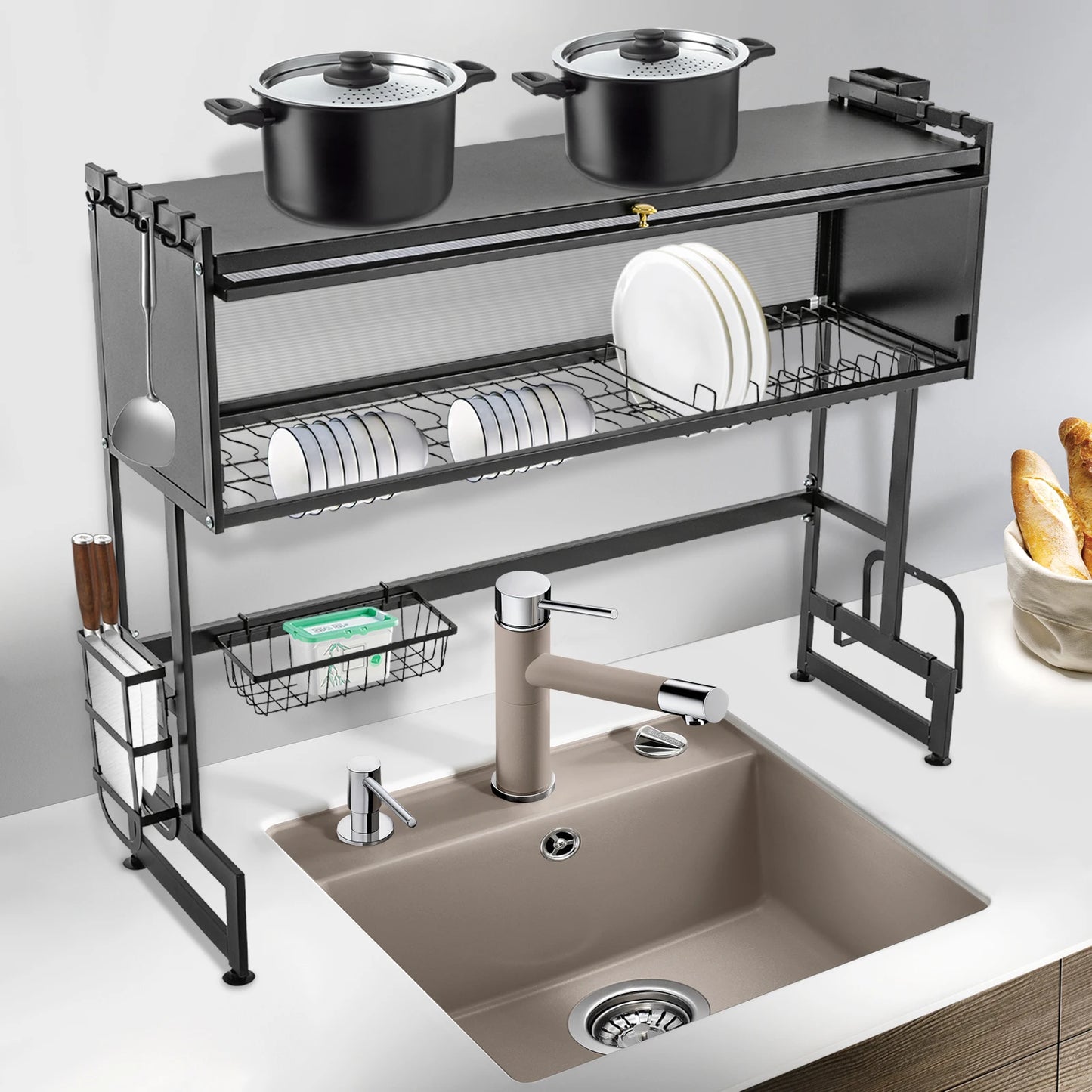 2-Tiers Dish Drying Rack Carbon Steel Cutlery Drainer 95x30x80cm