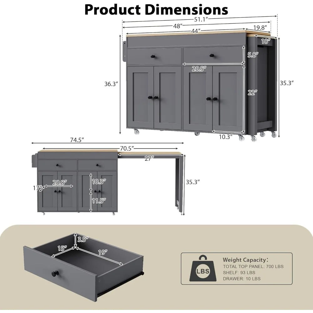74.5-inch Kitchen Island with Extendable Dining Table