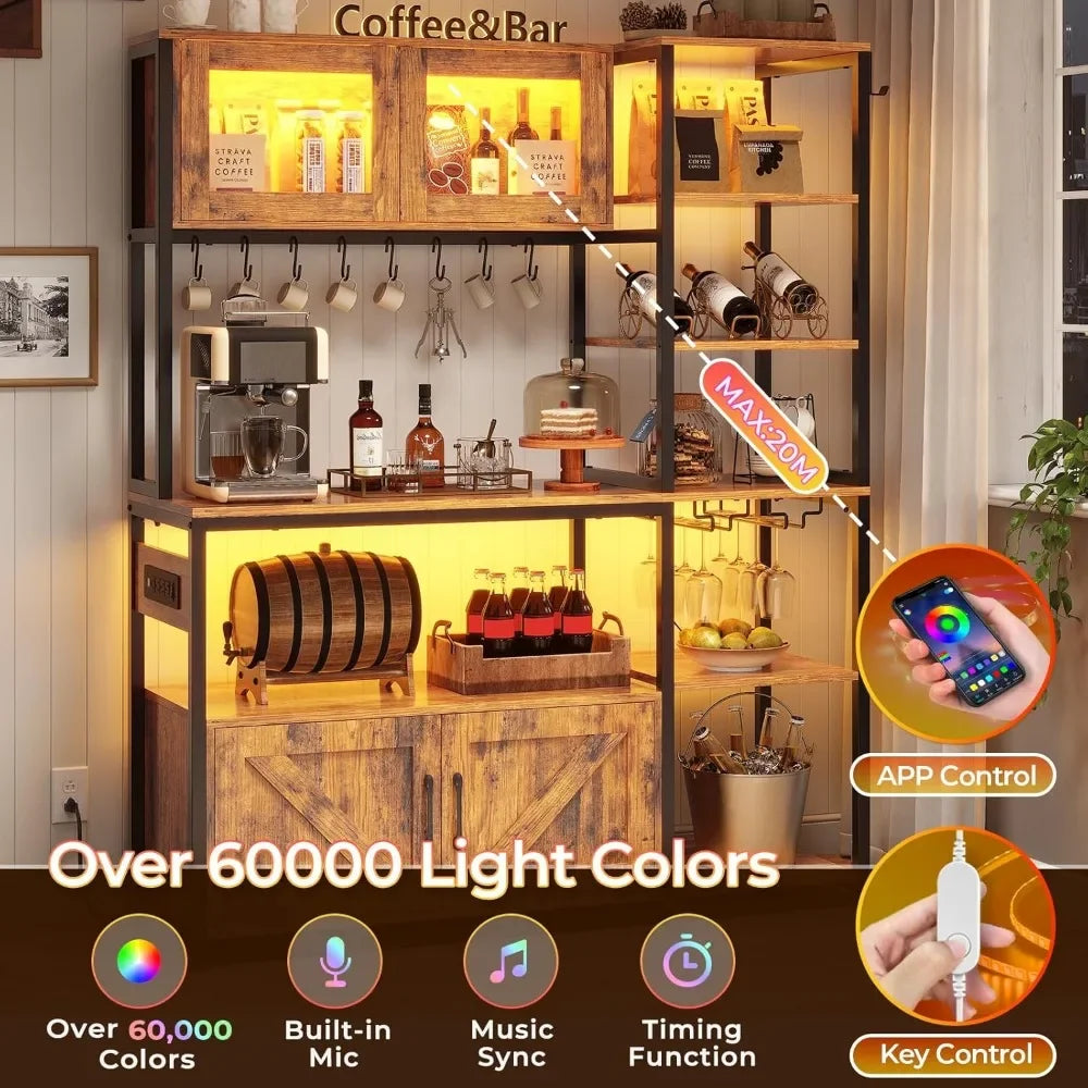 Itaar Bakers Rack with Power Outlet and LED Light 45.3 Inch Farmhouse Coffee Bar Cabinet