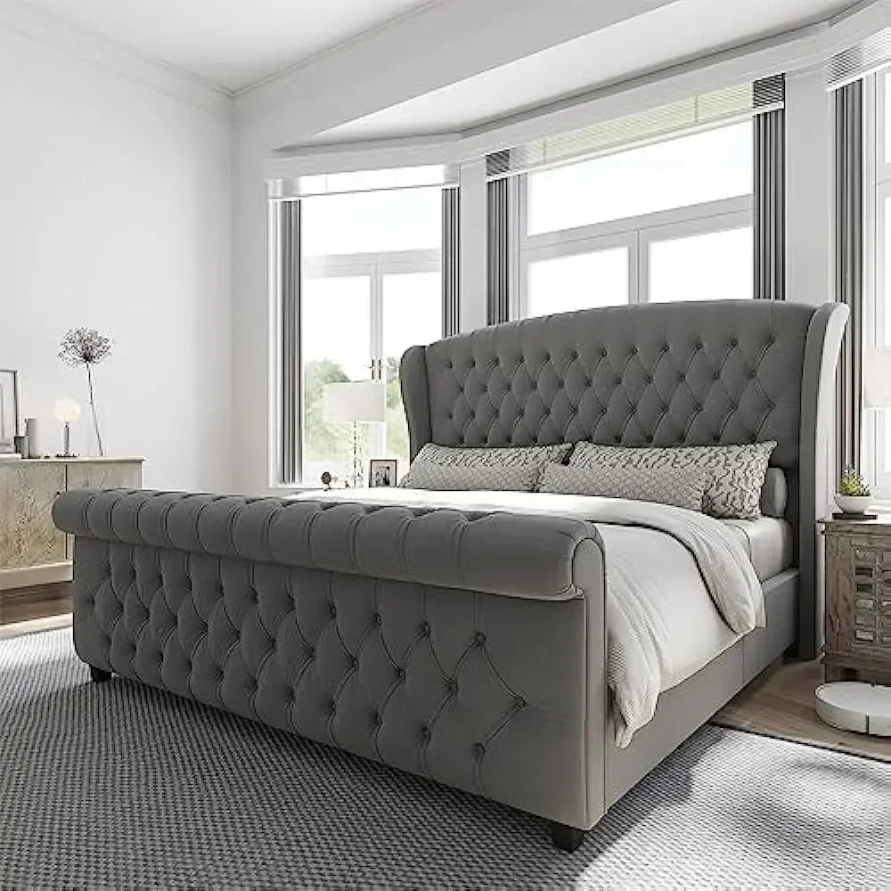 King Size Bed Frame, Chenille Upholstered Sleigh Beds