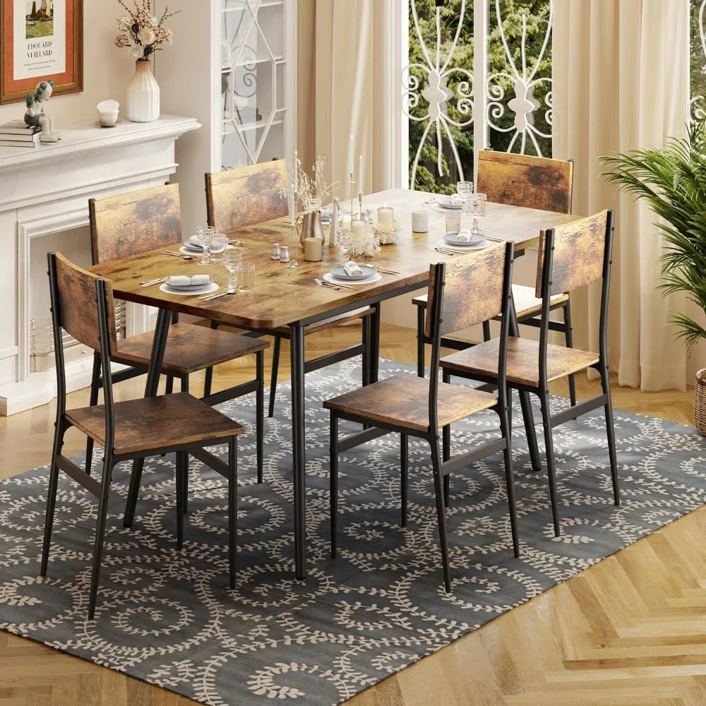 63” Extendable Dining Table Set for 4-6 People, 7-Piece Dining Table Set for 6 People with 6 Chairs