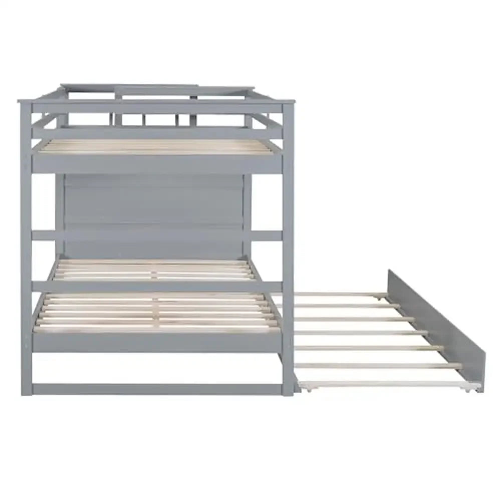 Full Over Full Bunk Bed with Storage Trundle Staircase in Modern Gray Wooden Twin Size Kids Bedroom Furniture with 4 Drawers Solid Pine