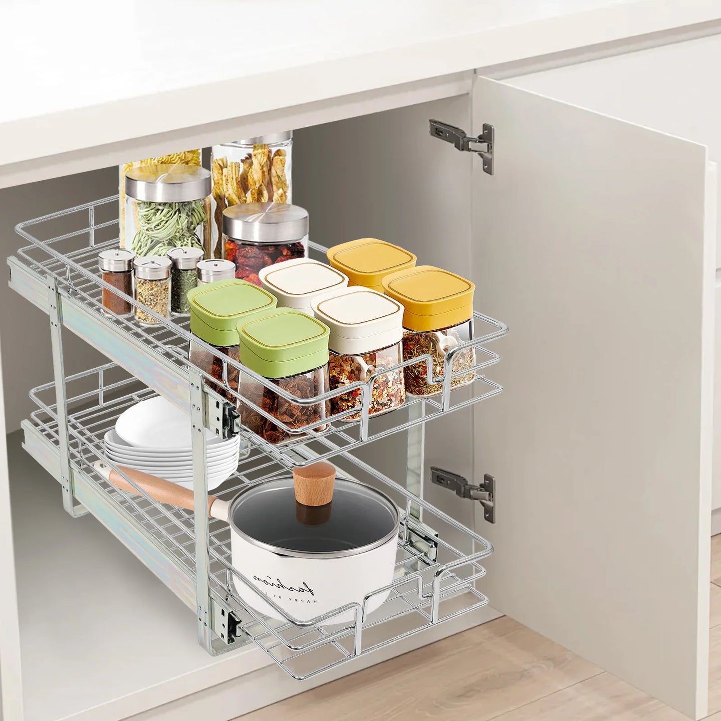 2-Tier Adjustable Height Kitchen Shelves Organizer Pull Out Cabinet Organizer Wear Resistance for Bathrooms/Kitchens/Pantries