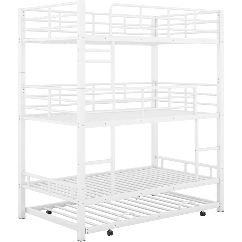 Harper & Bright Designs Metal Twin Size Triple Bunk Bed with Trundle for 4, Bunk Beds with 2 Ladders & Guardrails, Convertible t