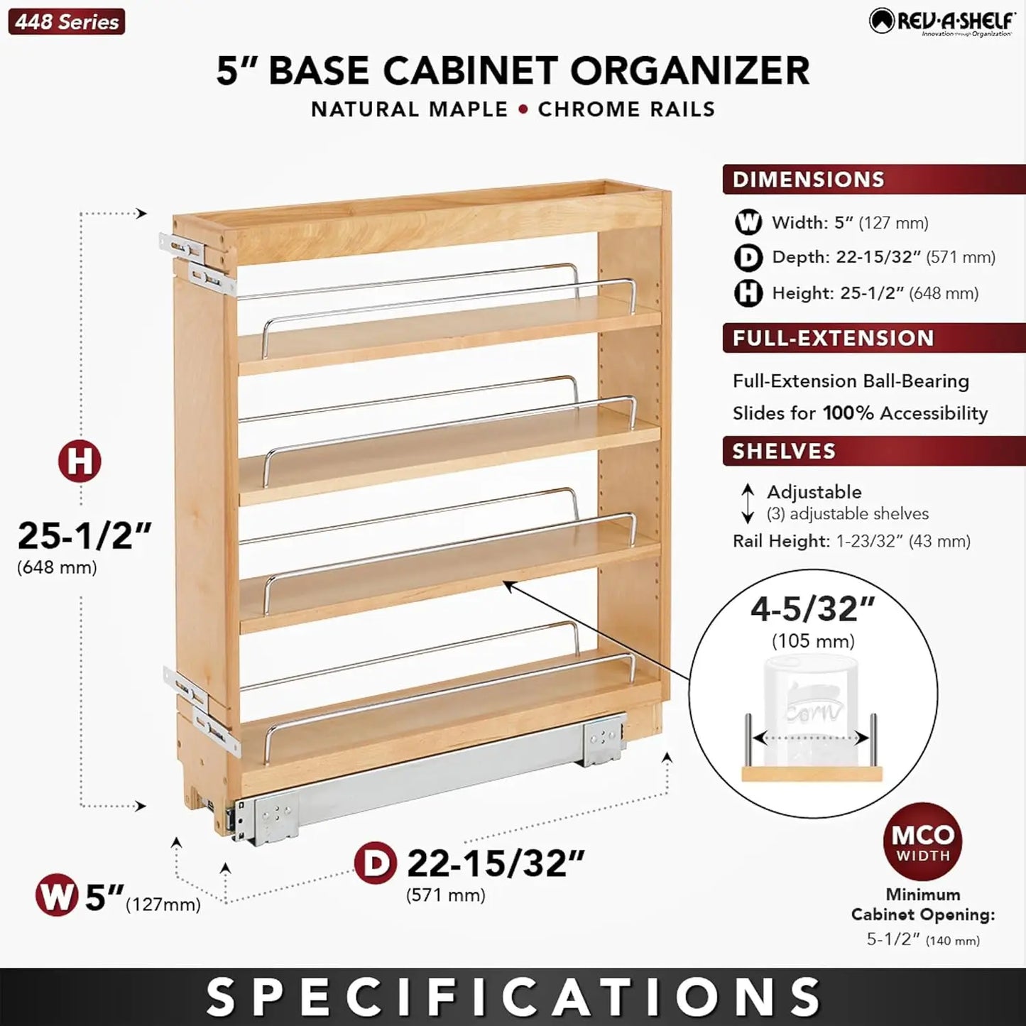 Rev-A-Shelf 5" Pullout Kitchen Cabinet Storage Organizer