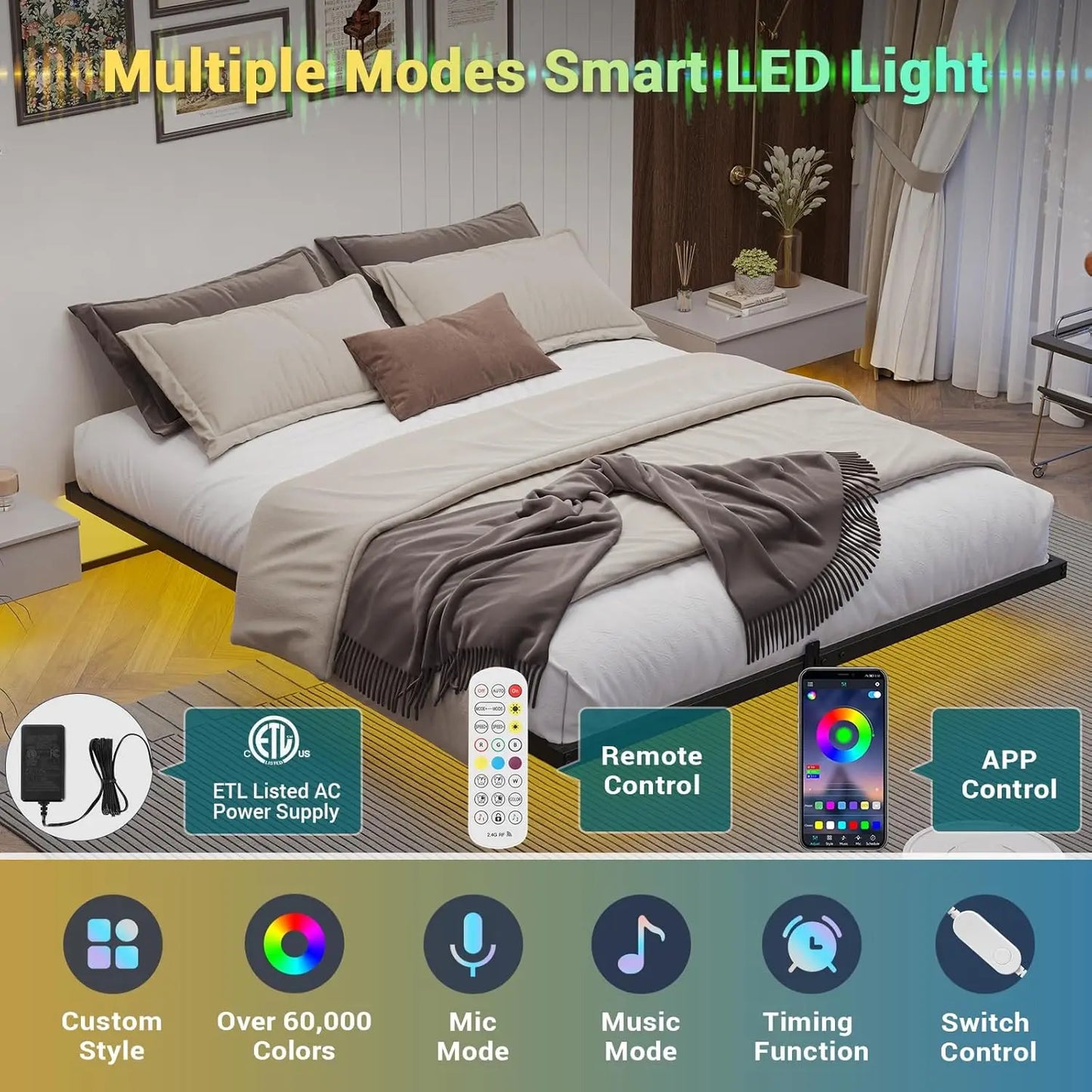 Floating Bed Frame Queen Size with LED Lights, Metal Platform Queen Bed