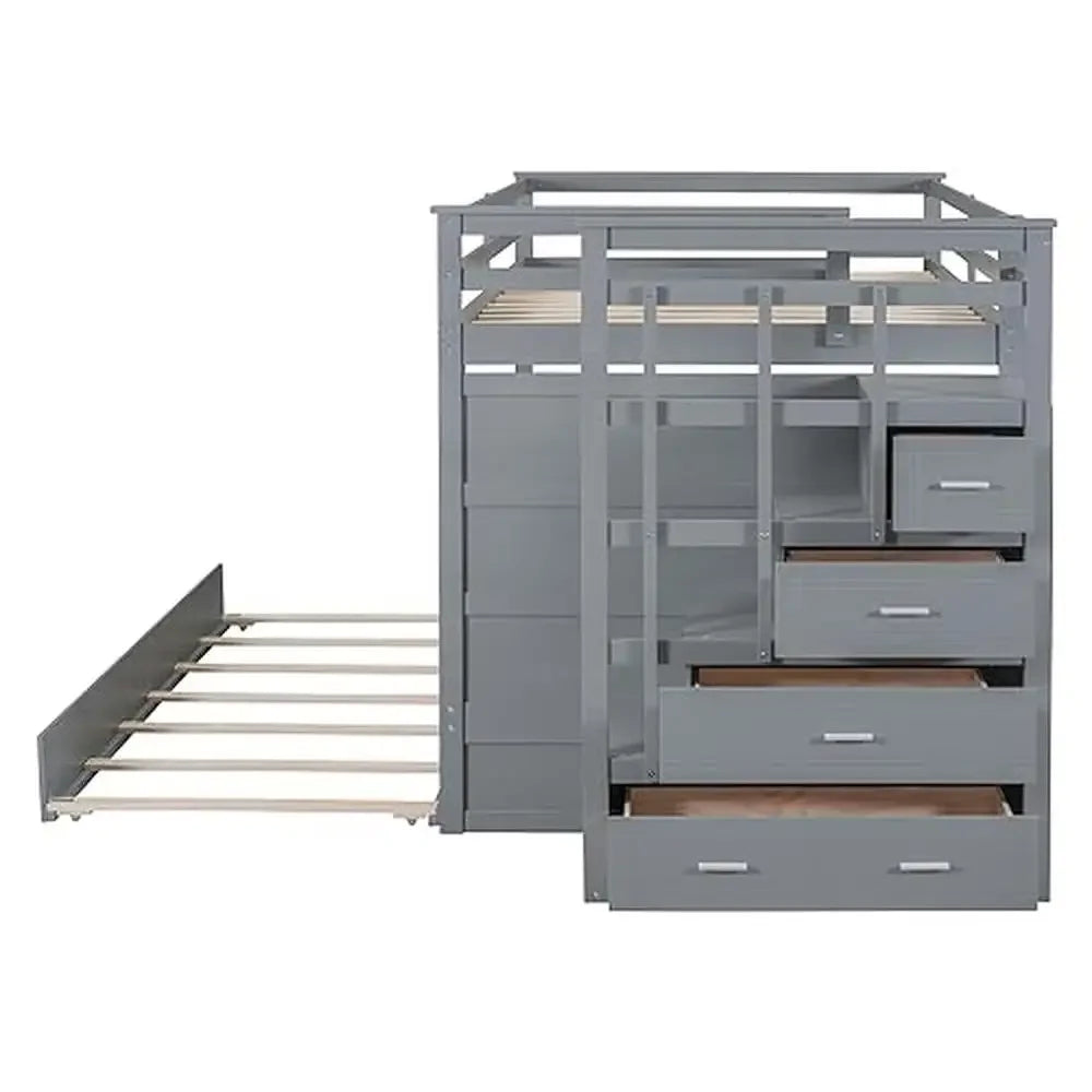 Full Over Full Bunk Bed with Storage Trundle Staircase in Modern Gray Wooden Twin Size Kids Bedroom Furniture with 4 Drawers Solid Pine