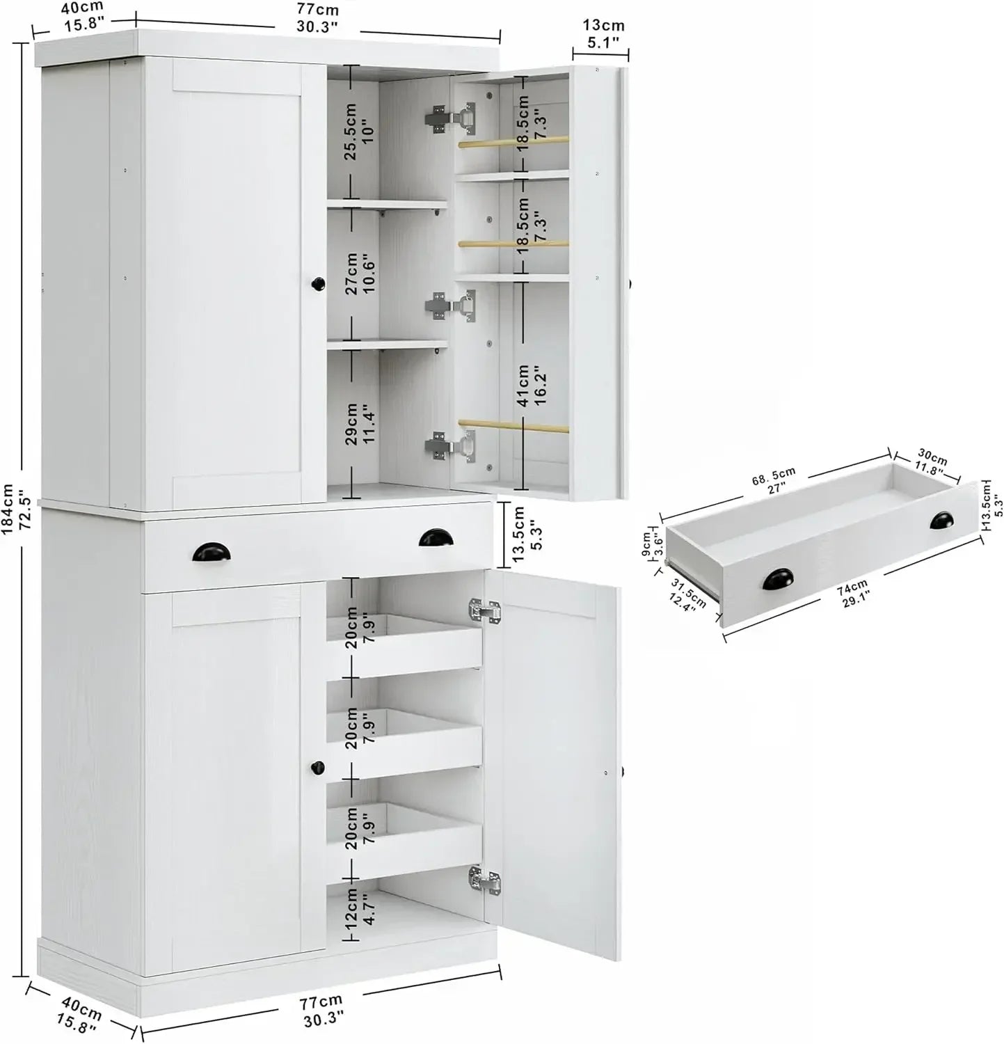 Kitchen Pantry Cabinet 72 Inch Height Freestanding Cupboard