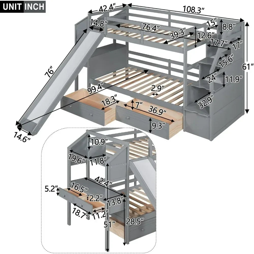 Bunk Bed with Desk, Stairs and Slide, Wood Twin Over Twin Bunk Beds with Storage Shelves, Bunk Bed Twin with Drawers