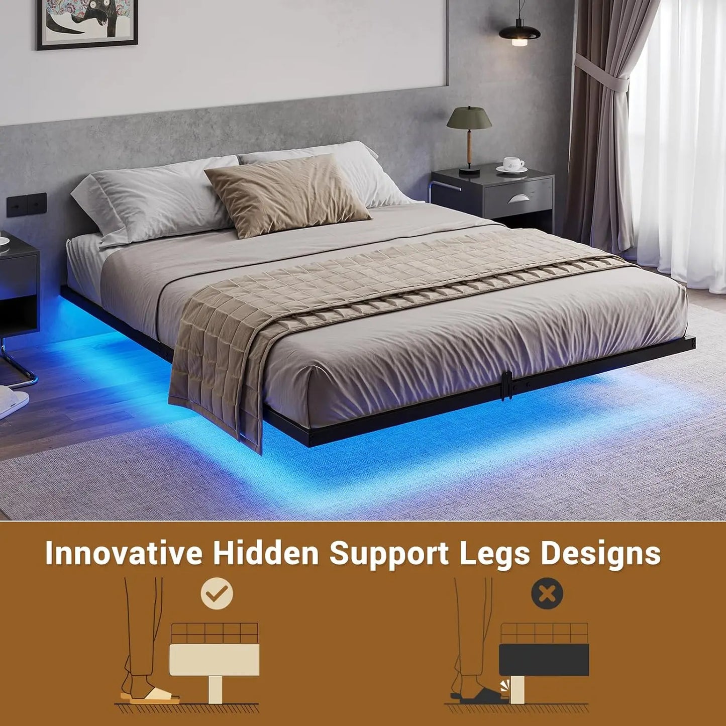 Floating Bed Frame Queen Size with LED Lights, Metal Platform Queen Bed