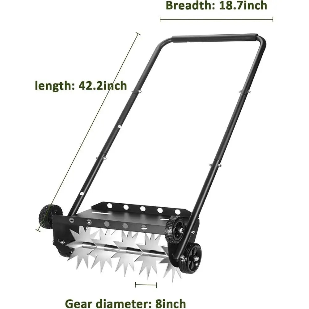 Manual Lawn Aerator 18 Inch Push Spike Tool with 4 Wheels Efficient Yard Care and Soil Aeration