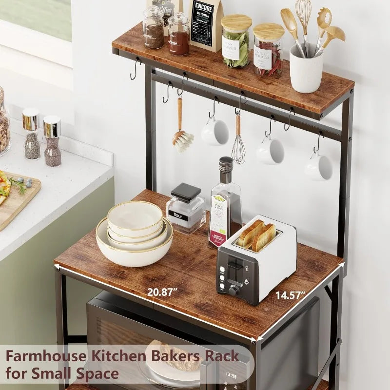 Kitchen Bakers Rack with Storage Shelves and Coffee Bar Table