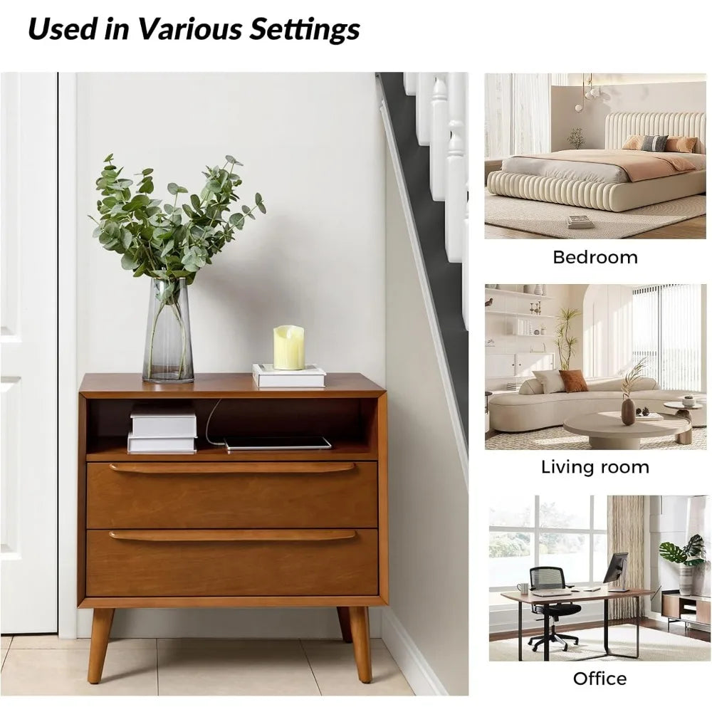 Nightstand with Charging Station, Set of 2 Mid-Century 2 Drawer and Open Shelf Dresser for Bedroom, Fluted Bedside Table