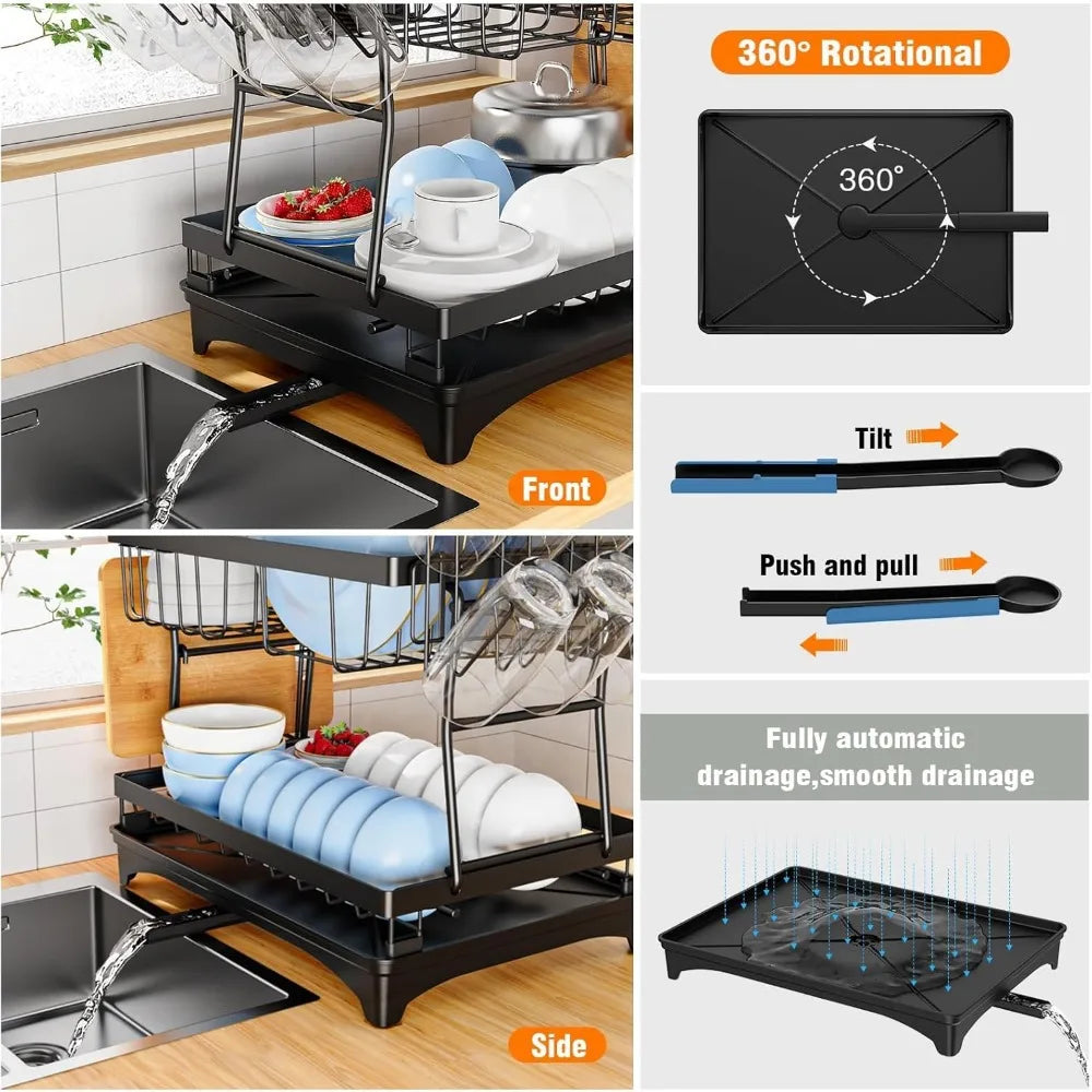 Stainless Steel Dish Drying Rack,2 Tier Large Dish Rack for Kitchen Counter,Dish Drainer with Utensil Holder & Cup Holder,Black