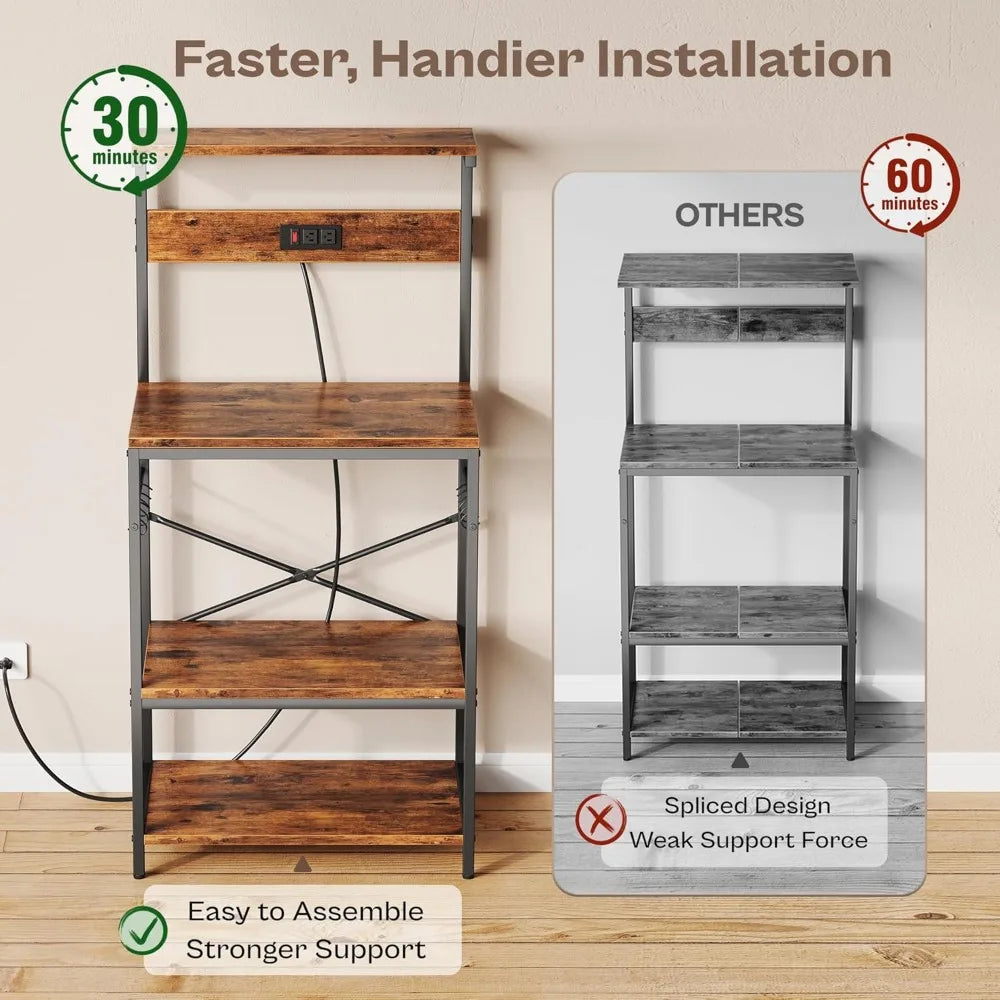 Kitchen Bakers Rack with Power Outlet and 4 Tier Storage