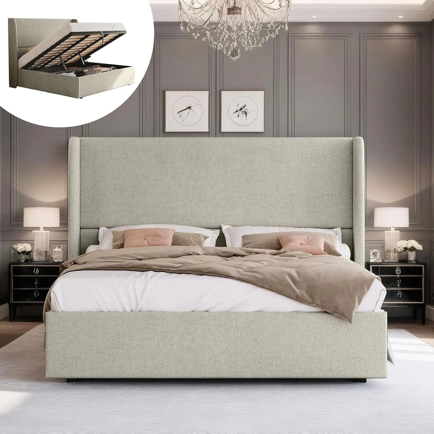 Lift Up Storage Bed Upholstered Platform Bed Frame