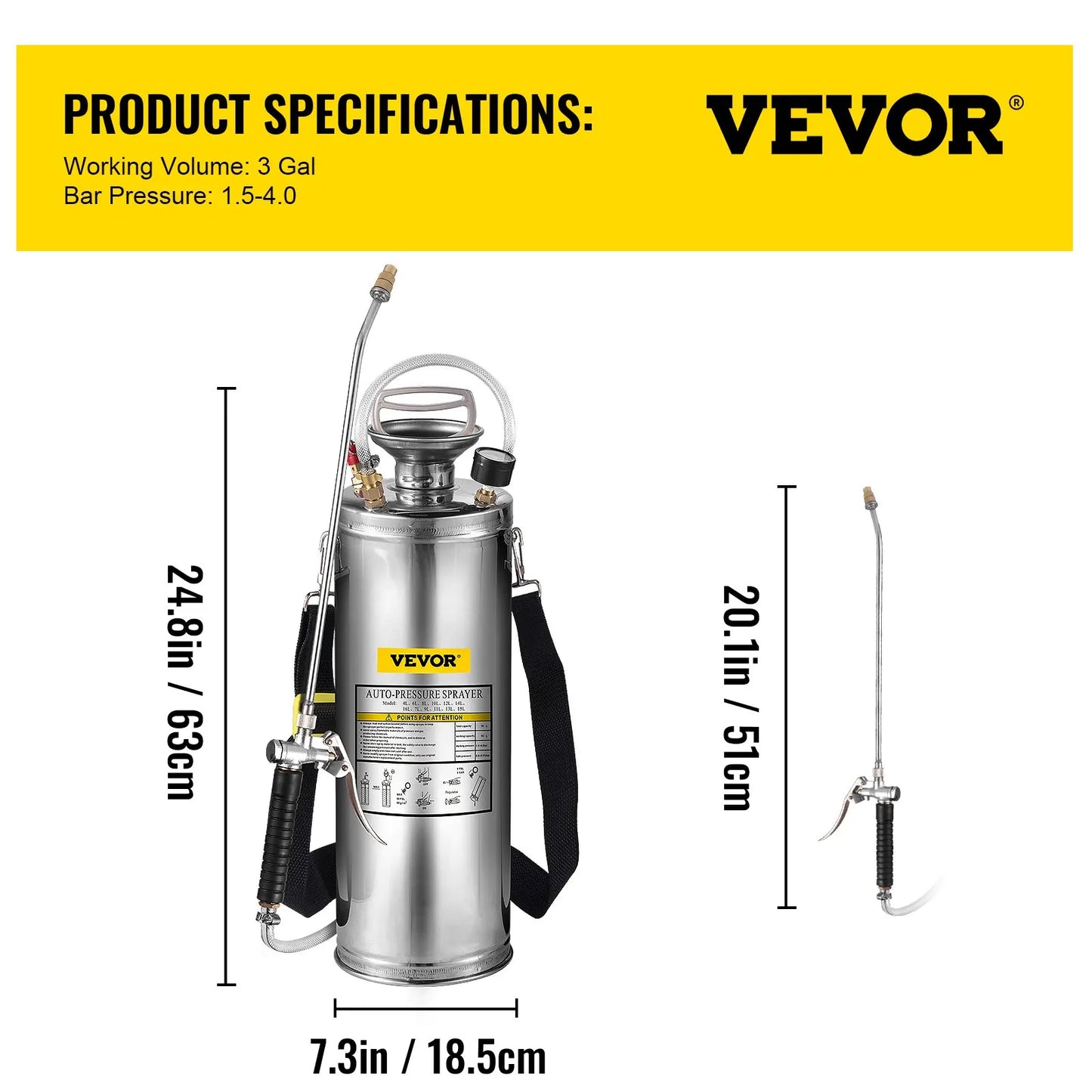 VEVOR 2Gal Stainless Steel Sprayer Hand Pump Sprayer with Pressure Gauge&Safety Valve