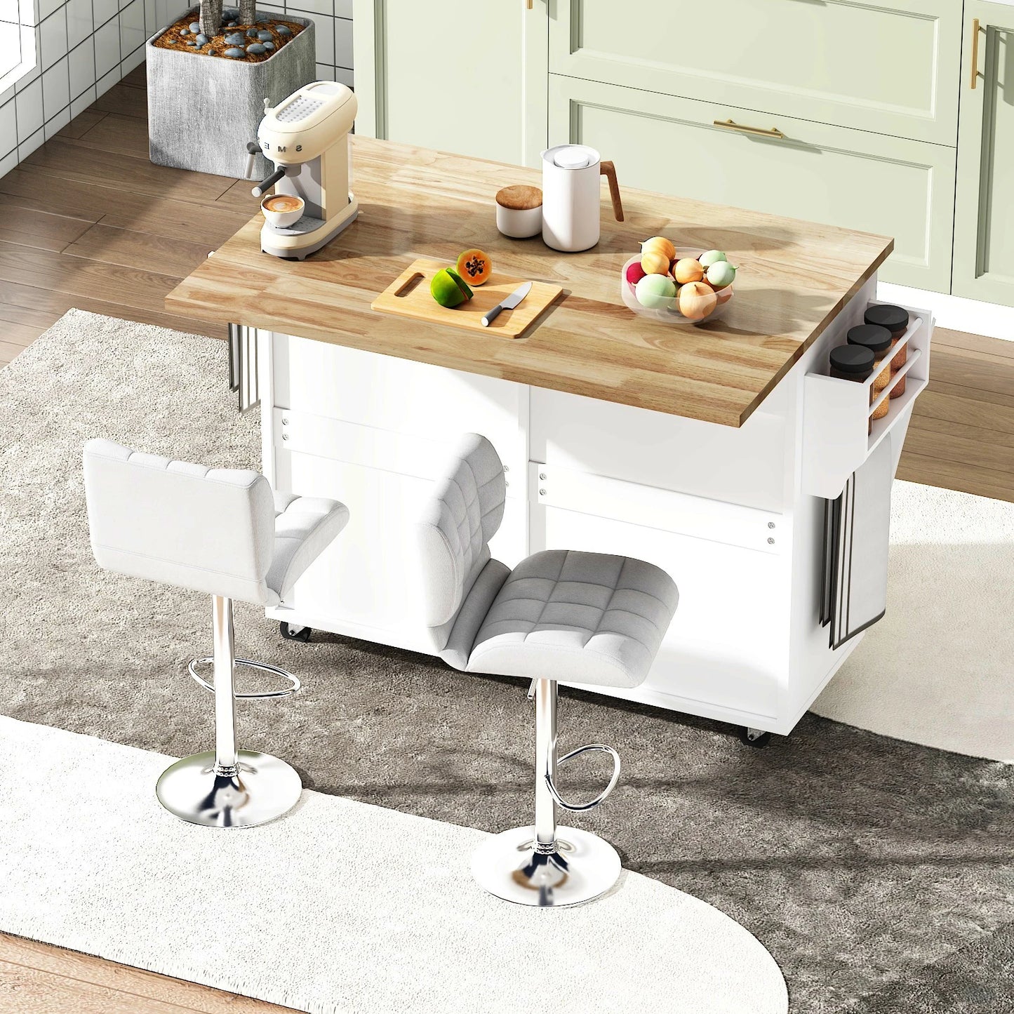 Kitchen Island with Storage, Island Table on Wheels