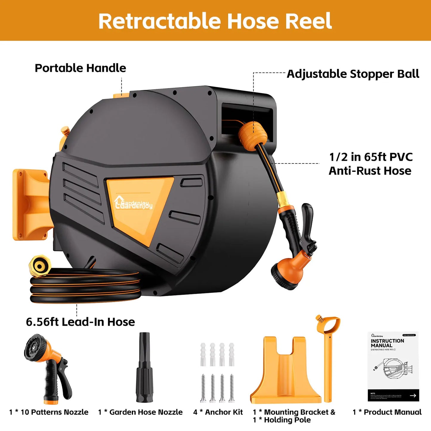 GardenJoy Retractable Garden Hose Reel 1/2 Inch 65 Feet Wall Mounted Hose Locking Mechanism