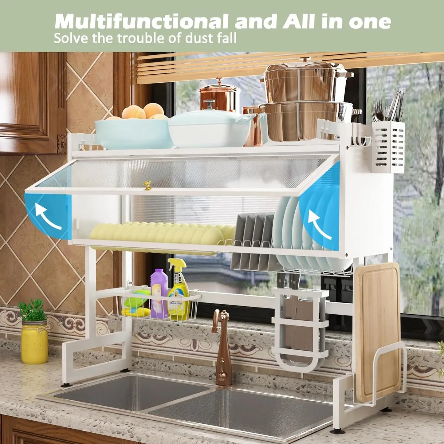 White Over The Sink Dish Drying Rack with Cover