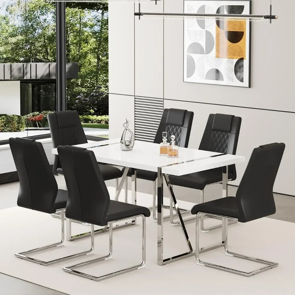 55‘’ Dining Table Set for 6, Dining Room Table with 6 Black Upholstered Dining Chairs, Dinner Table Set