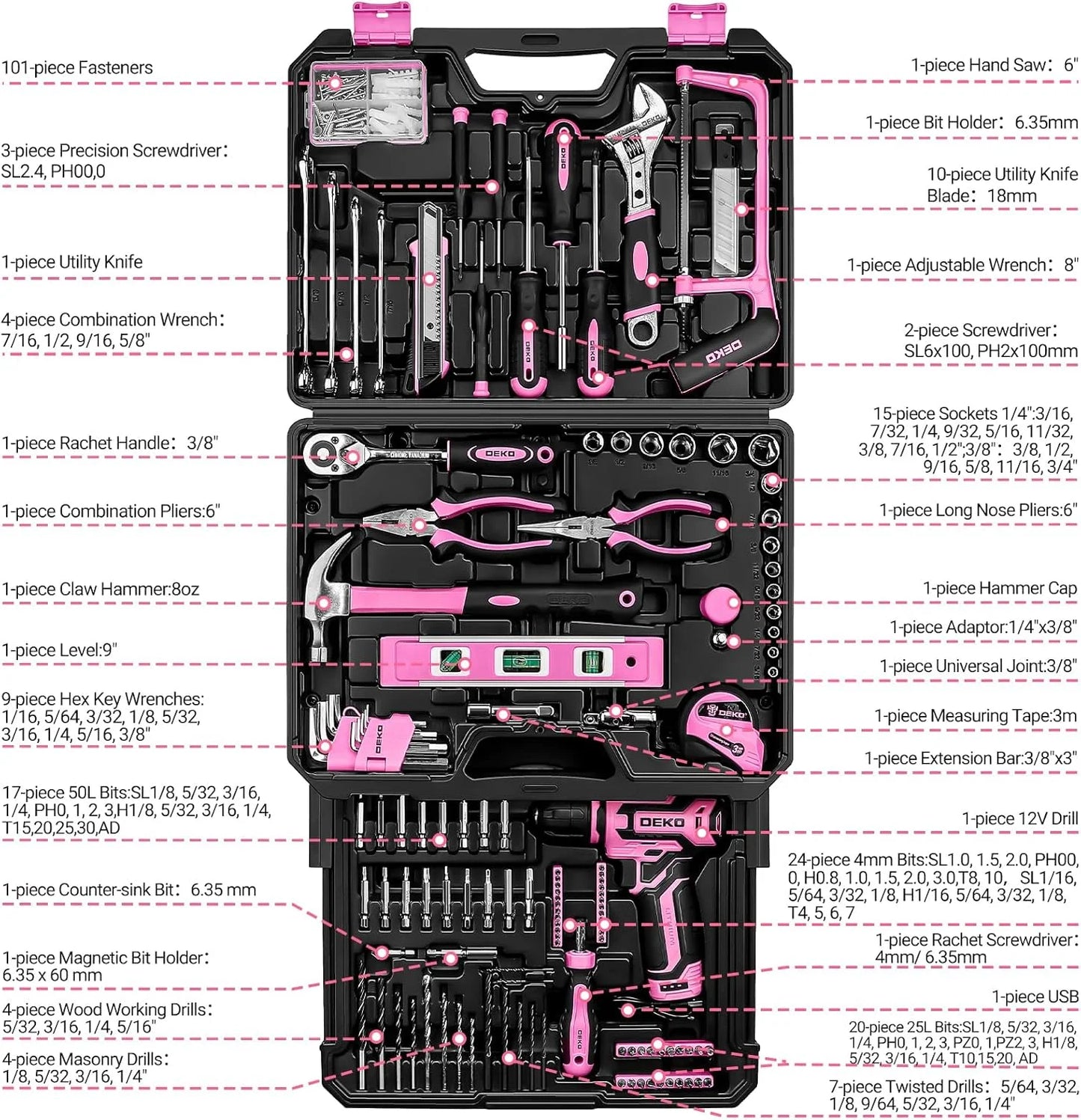 DEKO Home Mechanic Toolbox with 12V Power Cordless Drill