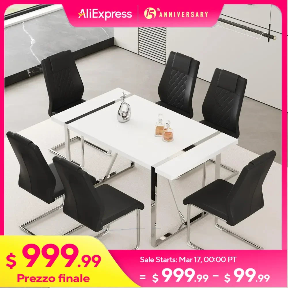 55‘’ Dining Table Set for 6, Dining Room Table with 6 Black Upholstered Dining Chairs, Dinner Table Set