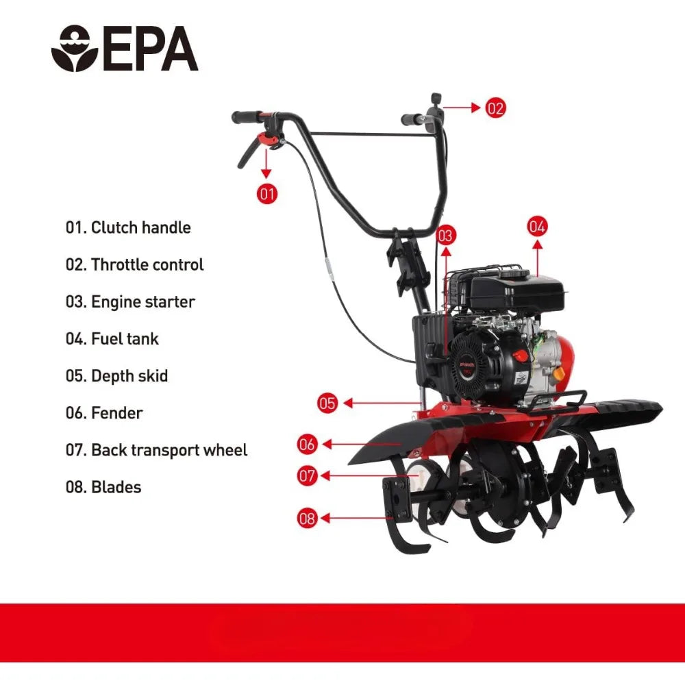 4-Cycle Gas Powered Tiller 79cc with Handle and Width Adjustable 24in