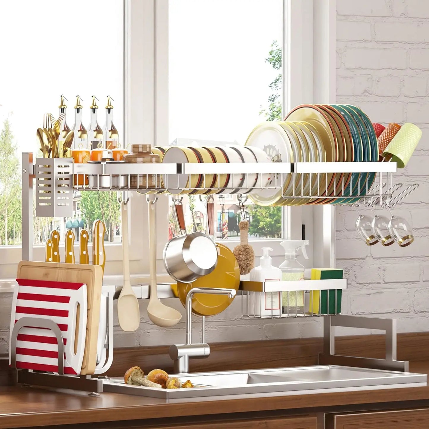 Over Sink Dish Drying Rack Display Adjustable Large 2 Tier