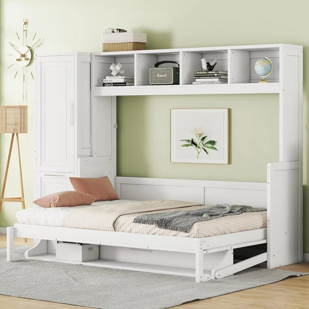Full Size Murphy Bed Wooden Cabinet Bed with Closet and Drawers White