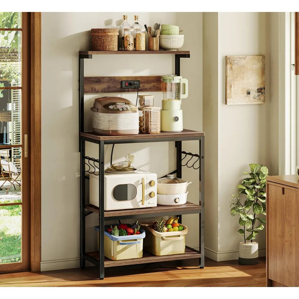 Kitchen Bakers Rack with Power Outlet and 4 Tier Storage