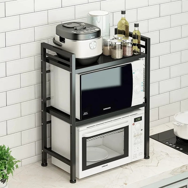 Expandable Microwave Rack, Countertop Kitchen Utensils Tableware Storage, Carbon Steel 3 Tier Shelf with 3 Hooks
