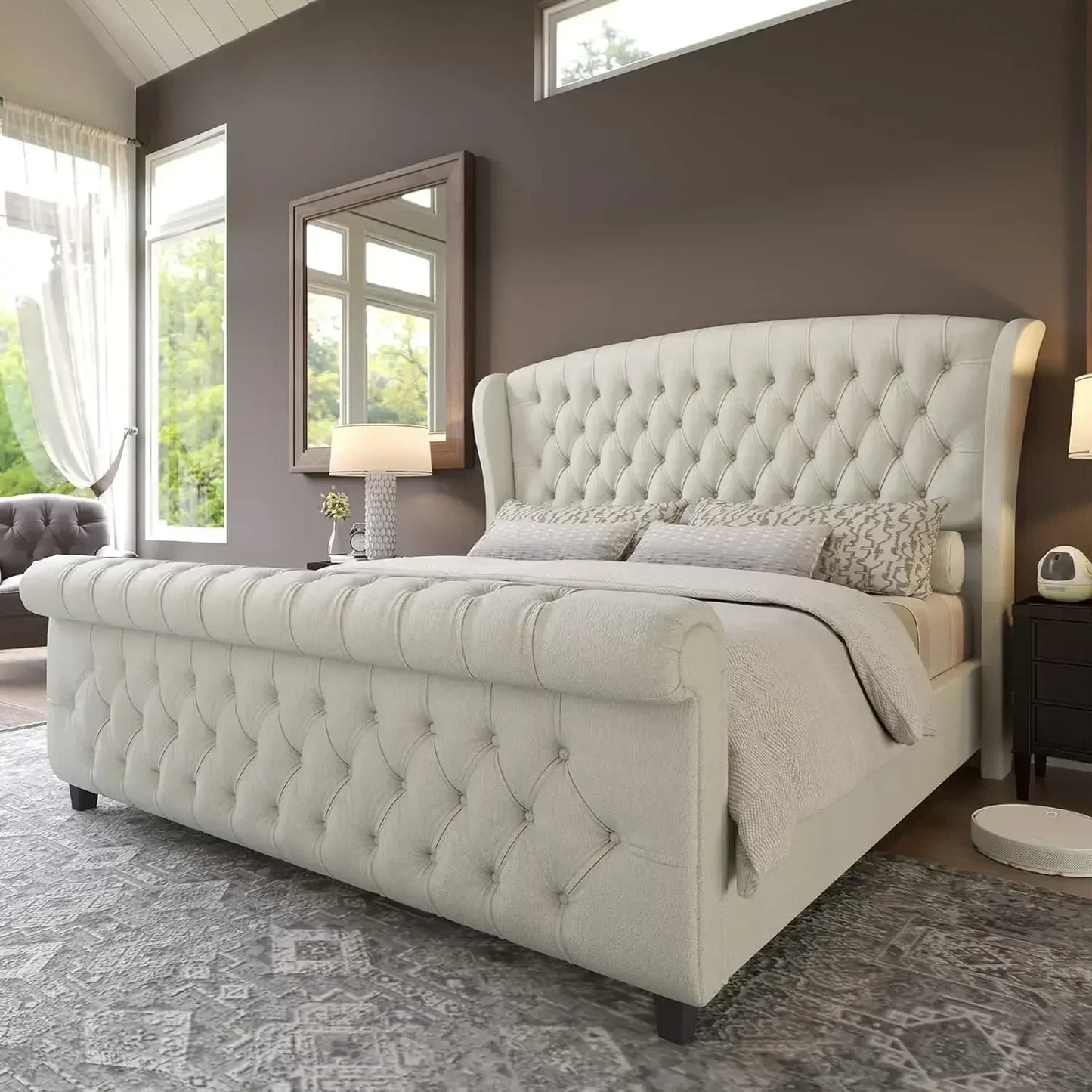 King Size Bed Frame, Chenille Upholstered Sleigh Beds