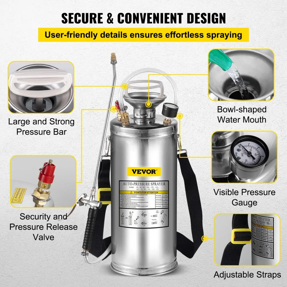 VEVOR 2Gal Stainless Steel Sprayer Hand Pump Sprayer with Pressure Gauge&Safety Valve
