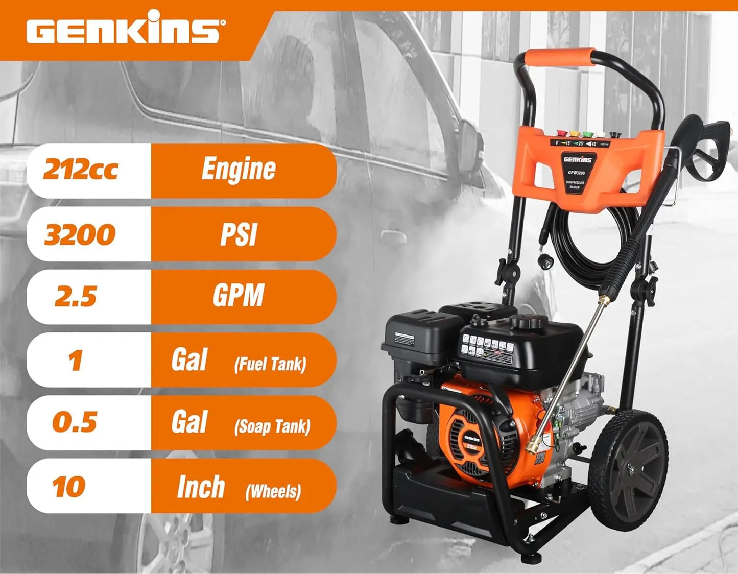 GPW3200 Gas Powered Foldable Pressure Washer 3200 PSI and 2.5 GPM, Soap Tank and Five Nozzle Set Compact & Foldable