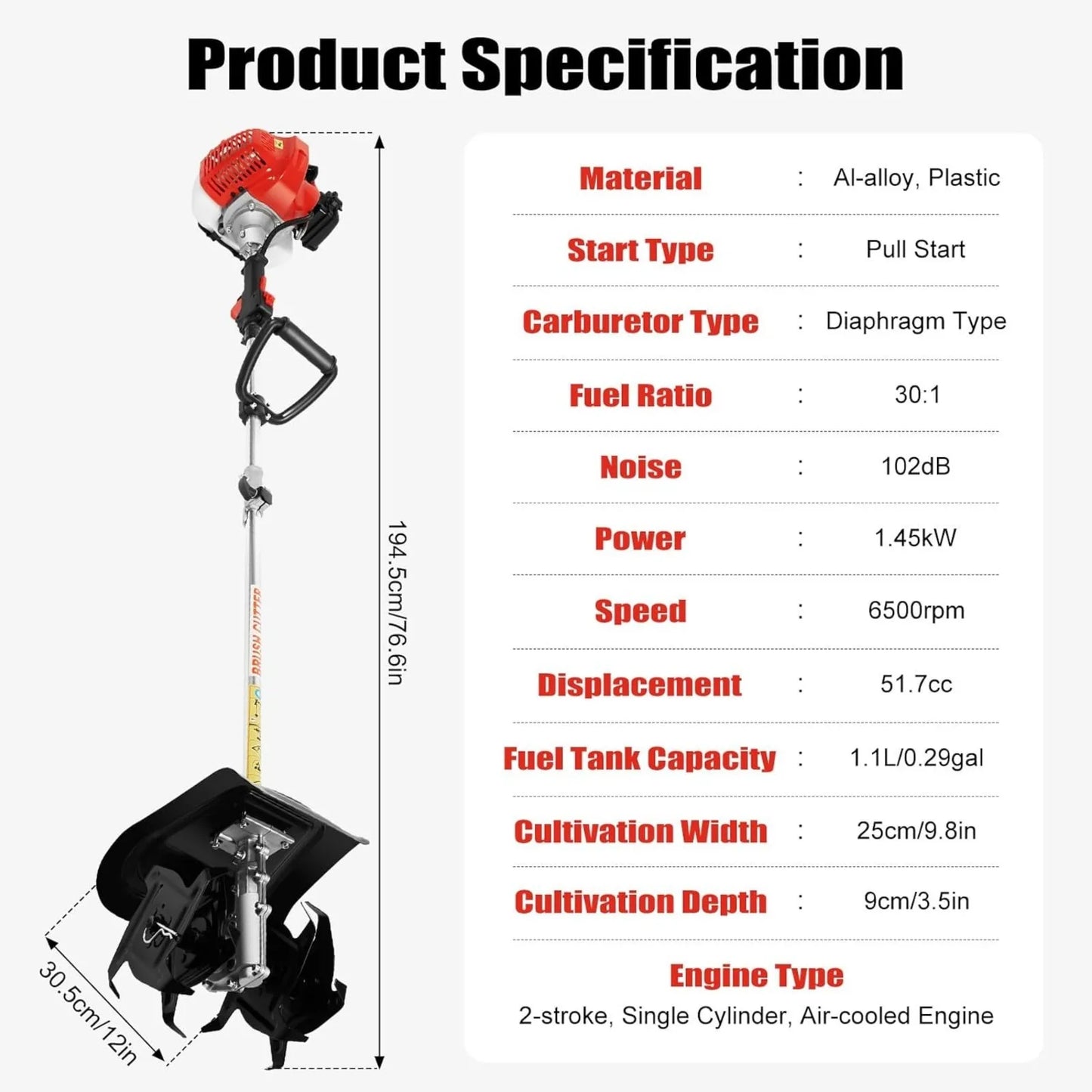 Gas Powered Tiller Cultivator, 51.7CC 2-Stroke Gas Powered Engine Rototiller Garden Tool for Lawn, Garden Soil Cultivation