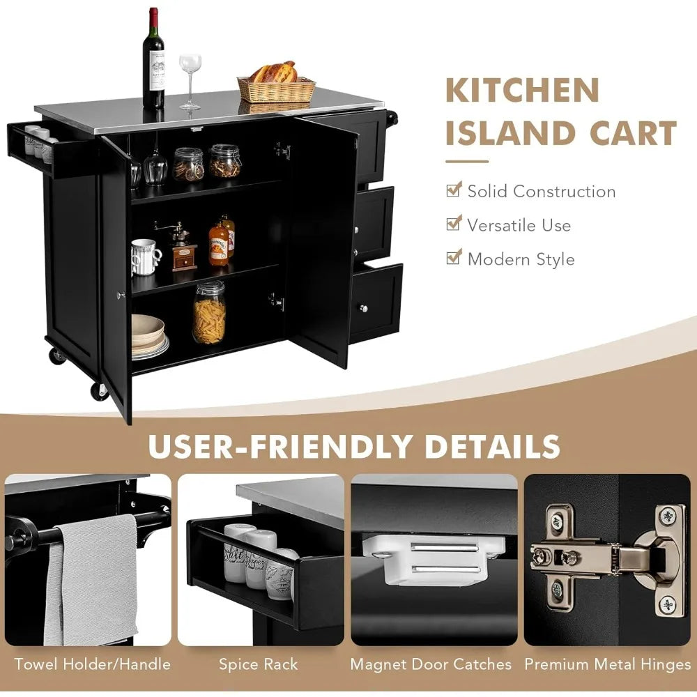 Kitchen Island with Stainless Steel Top, Rolling Kitchen Trolley Cart